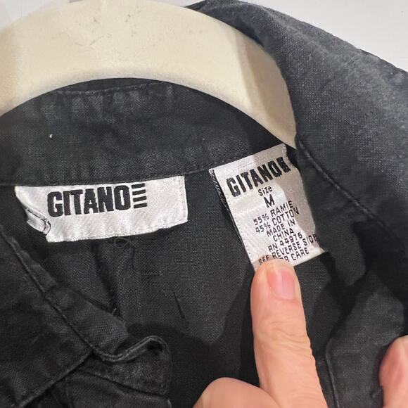 Vtg Gitano ramie cotton blend button up blouse black medium snap shoulder - Picture 3 of 9